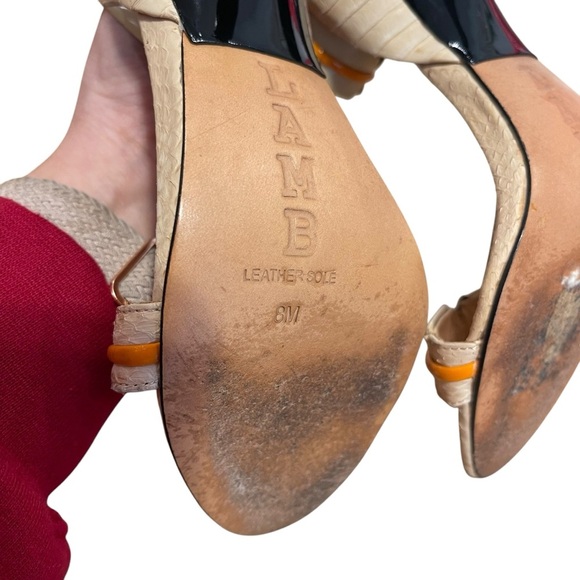 L.A.M.B. Gwen Stefani Beige Orange Leather Heels Ankle Strap Women’s Size 8 - Picture 7 of 8